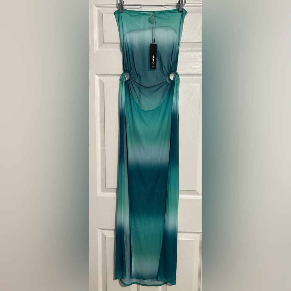 Sale!!! Fashion Nova Turquoise Sheer Slits Maxi Cover-Up - Picture 4 of 5